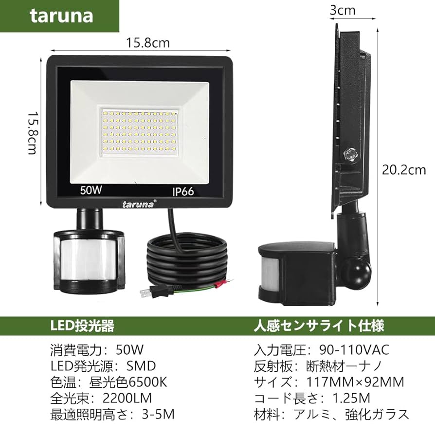Amazon.co.jp : tarunaセンサーライト 50W LED投光器 屋外 人感